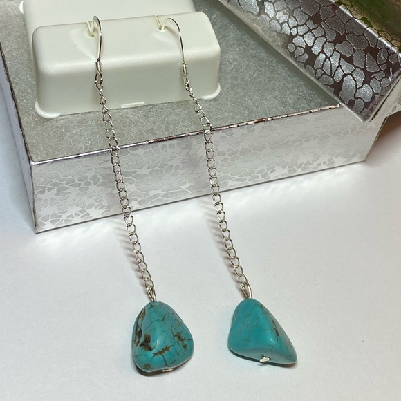 Turquoise Nugget Sterling Silver Drop Dangle Earrings - Picture 2 of 14